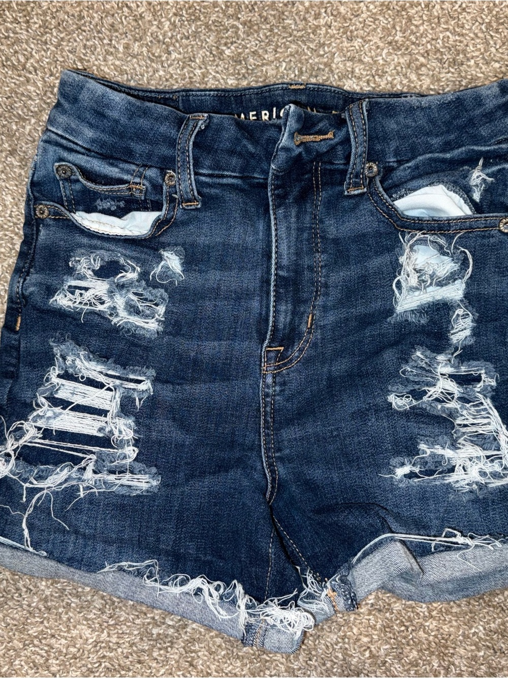 American Eagle Outfitters Dark Blue Distressed Denim Shorts